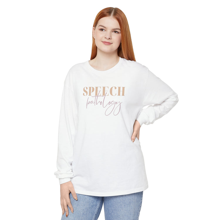 speech pathology cursive purple comfort colors long sleeve tee