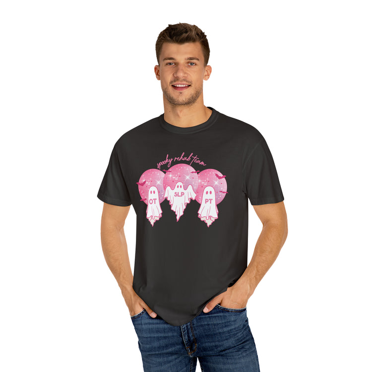 spooky rehab team pink disco ghosts comfort colors tee