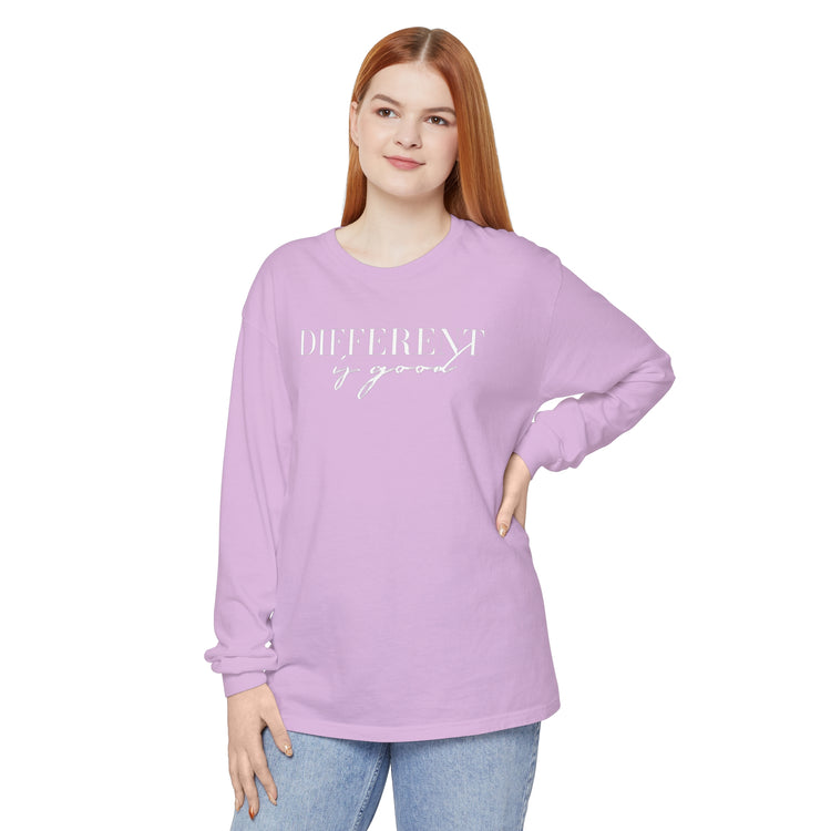 different is good cursive comfort colors long sleeve tee