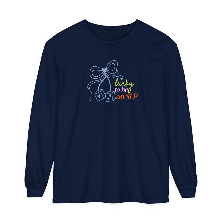 lucky to be an slp comfort colors long sleeve tee