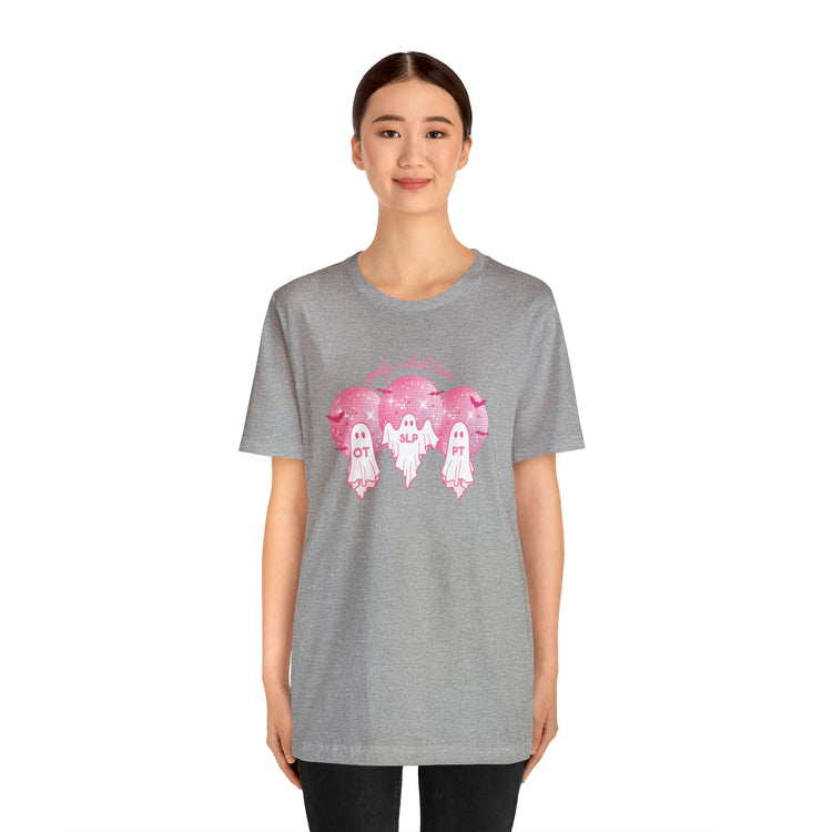 spooky rehab team pink disco ghosts short sleeve tee