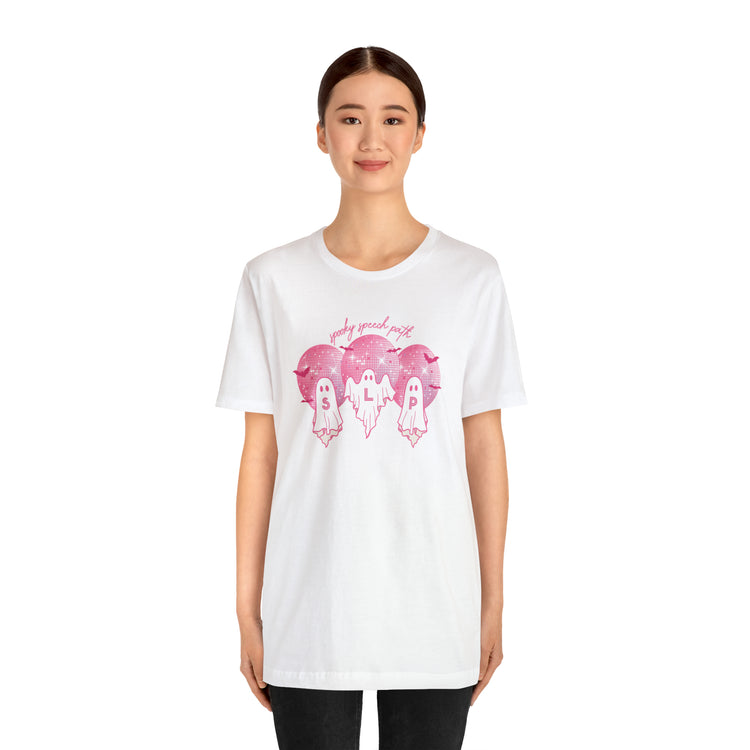 spooky speech pink disco ghosts short sleeve tee