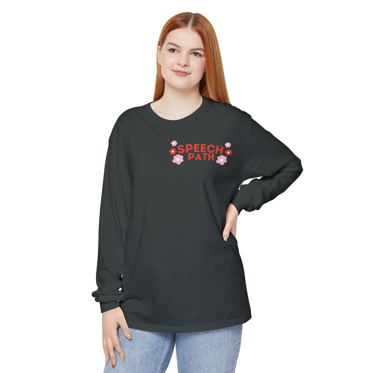 speech path red flowers comfort colors long sleeve tee