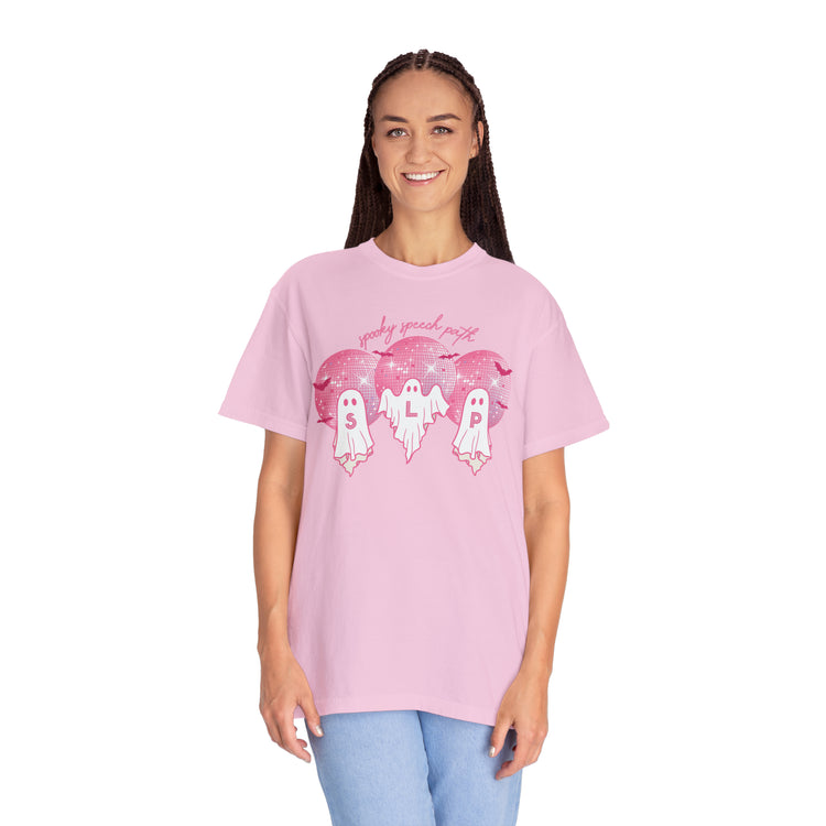 spooky speech pink disco ghosts comfort colors tee