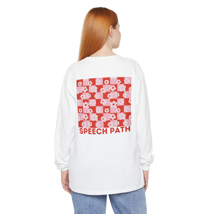 speech path red flowers comfort colors long sleeve tee