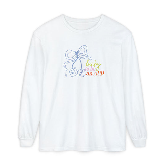 lucky to be an AUD! audiology comfort colors long sleeve tee
