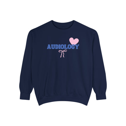 audiology heart + bow comfort colors crewneck