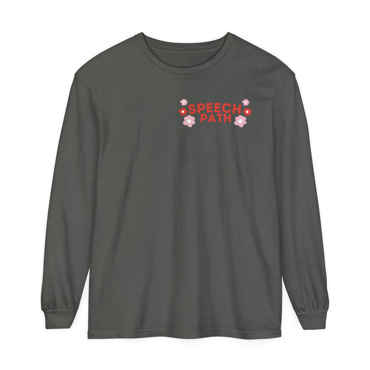 speech path red flowers comfort colors long sleeve tee