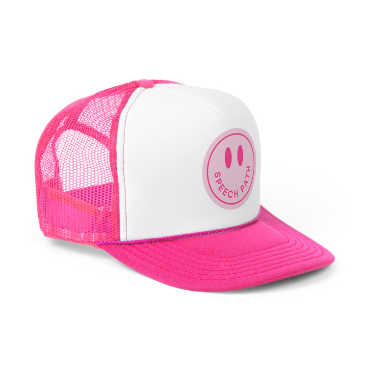 hot pink smiley speech path trucker hat