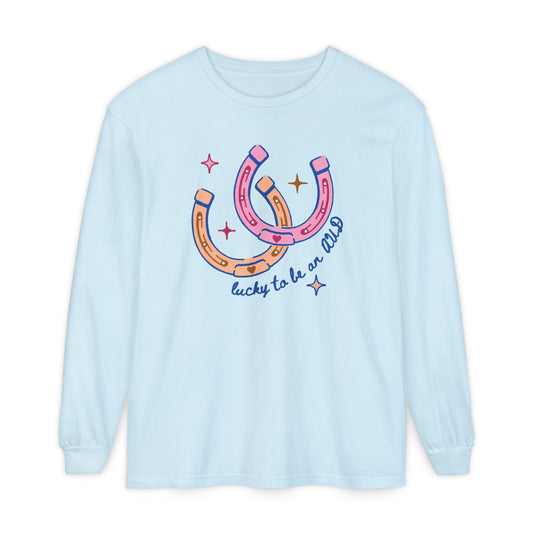 lucky to be an AUD horseshoe comfort colors long sleeve tee