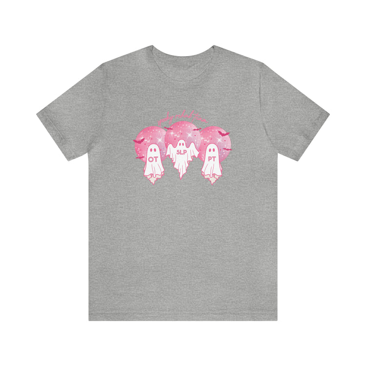 spooky rehab team pink disco ghosts short sleeve tee