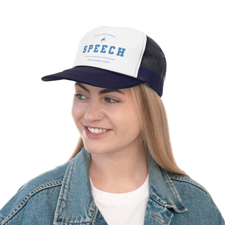 speech varsity blue trucker hat