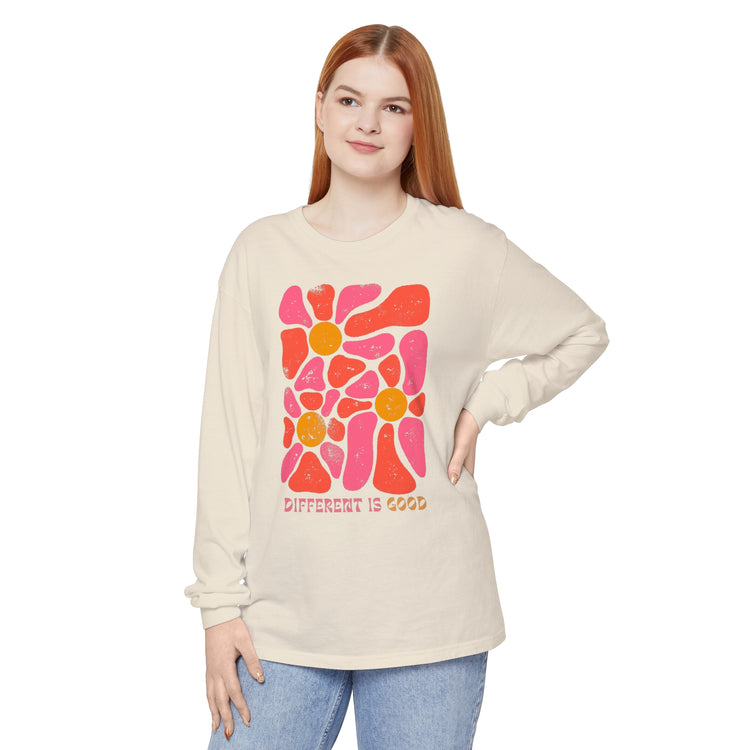 different is good retro flower comfort colors long sleeve tee