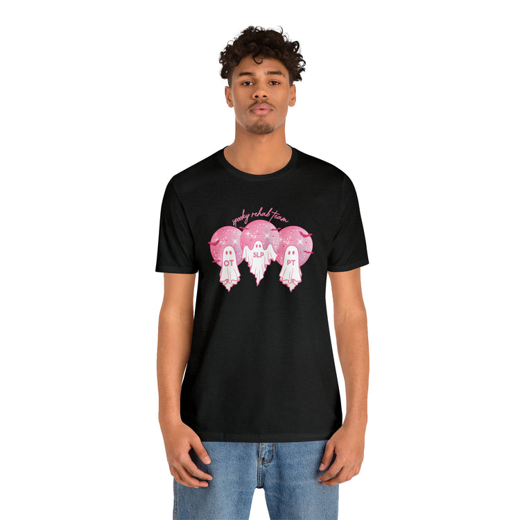 spooky rehab team pink disco ghosts short sleeve tee