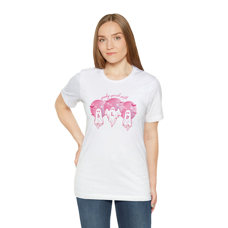 spooky speech pink disco ghosts short sleeve tee