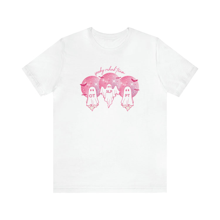 spooky rehab team pink disco ghosts short sleeve tee