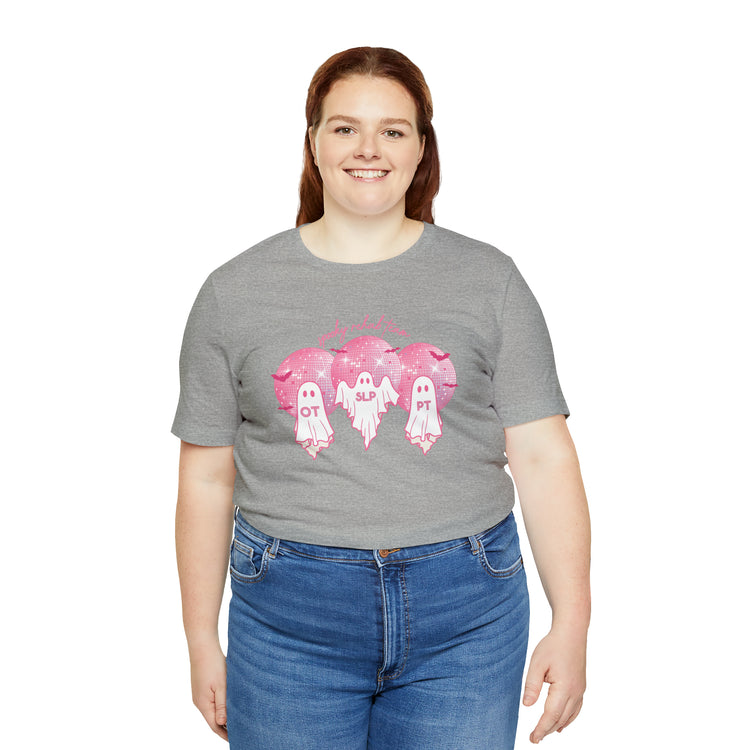 spooky rehab team pink disco ghosts short sleeve tee