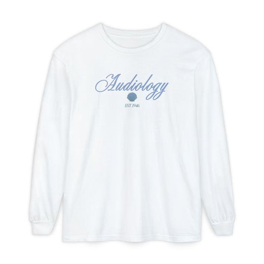 audiology clam est. 1946 comfort colors long sleeve tee