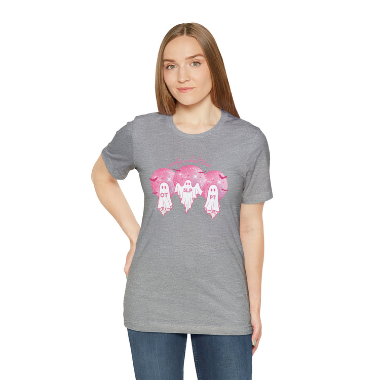 spooky rehab team pink disco ghosts short sleeve tee