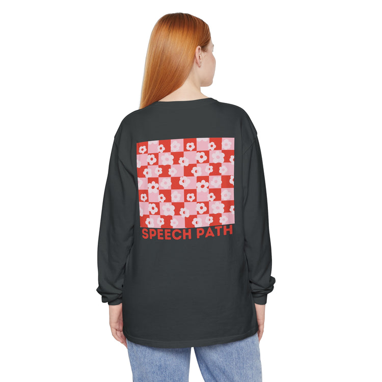 speech path red flowers comfort colors long sleeve tee