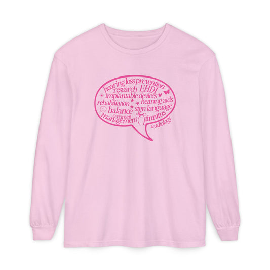 pink audiology scope speech bubble long sleeve tee