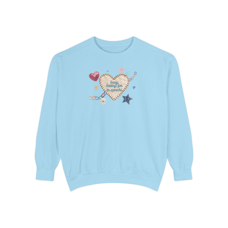 busy having fun patches comfort colors crewneck