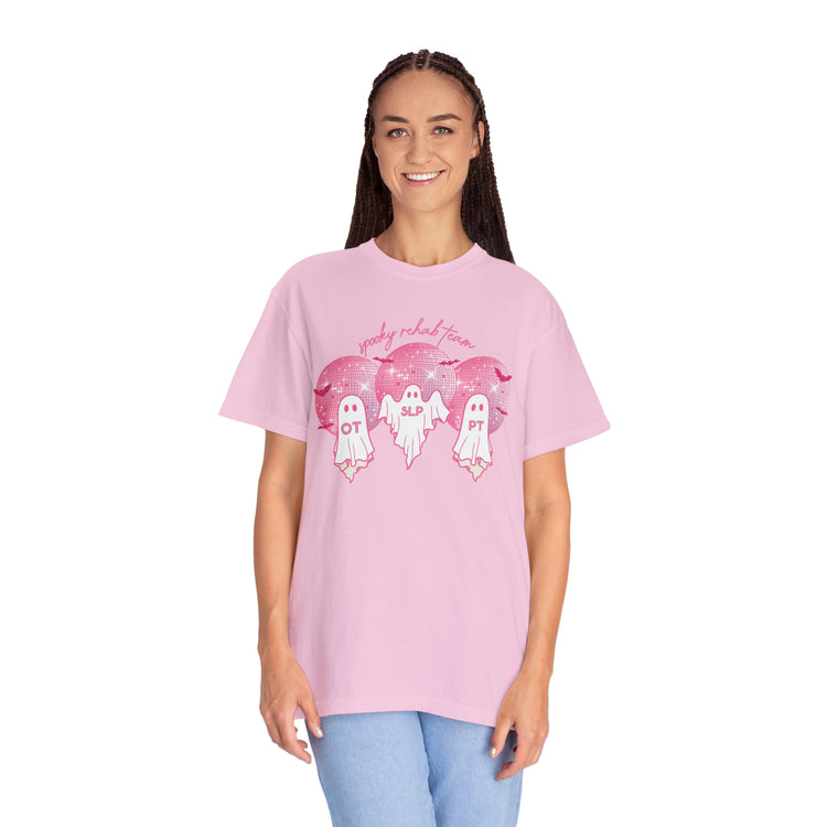 spooky rehab team pink disco ghosts comfort colors tee