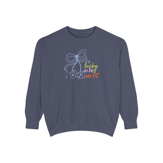 lucky to be an OT dice bow comfort colors crewneck