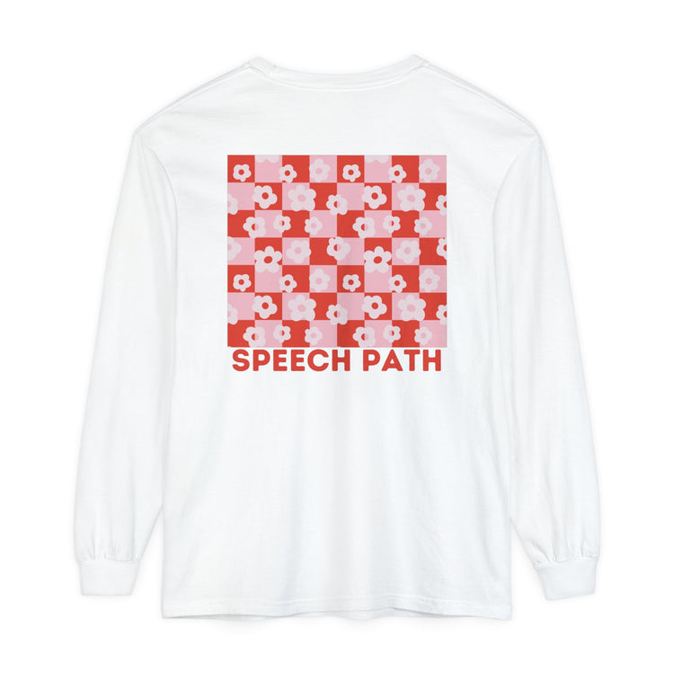 speech path red flowers comfort colors long sleeve tee