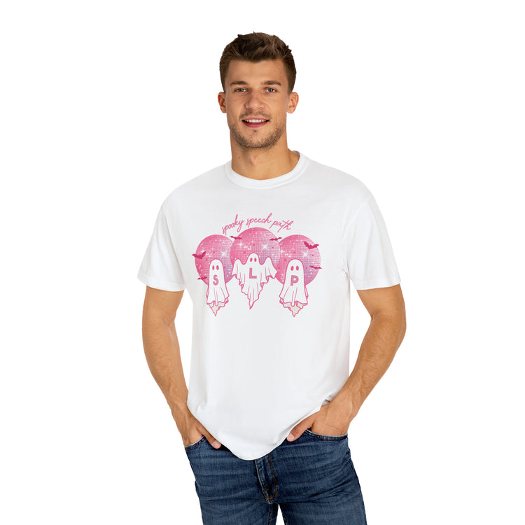 spooky speech pink disco ghosts comfort colors tee