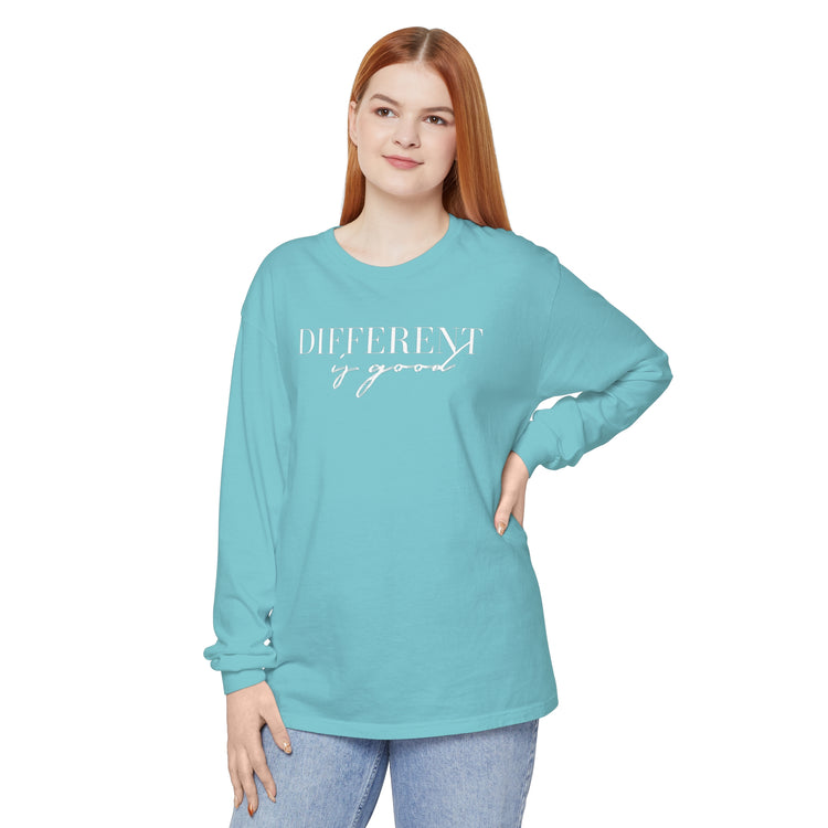 different is good cursive comfort colors long sleeve tee