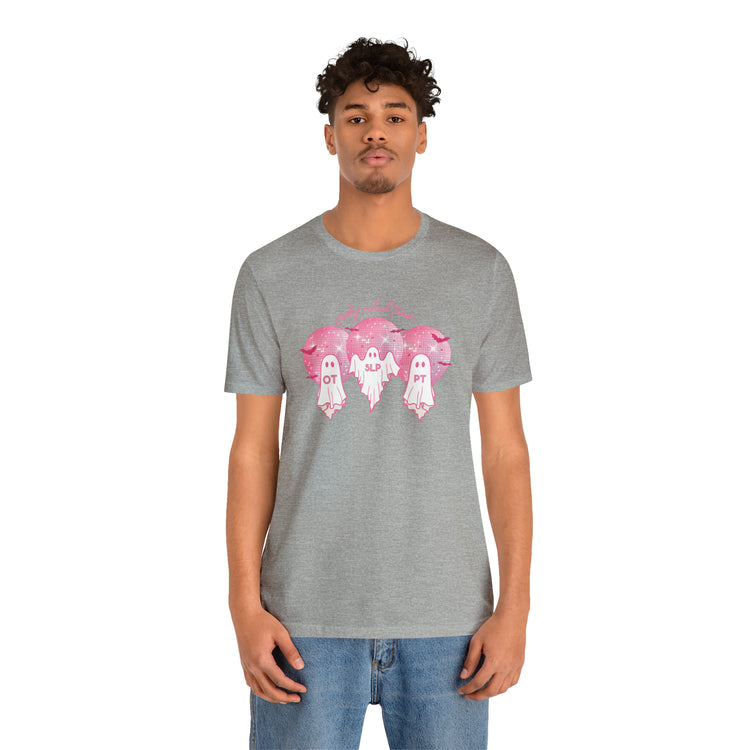 spooky rehab team pink disco ghosts short sleeve tee