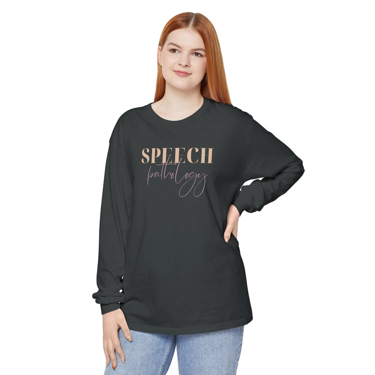 speech pathology cursive purple comfort colors long sleeve tee