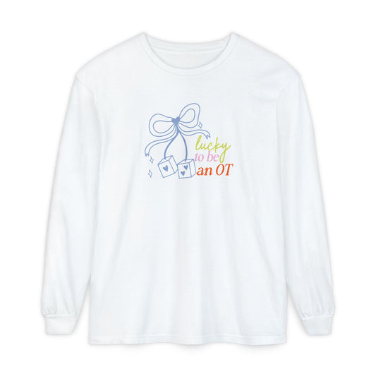 lucky to be an OT dice bow comfort colors long sleeve tee