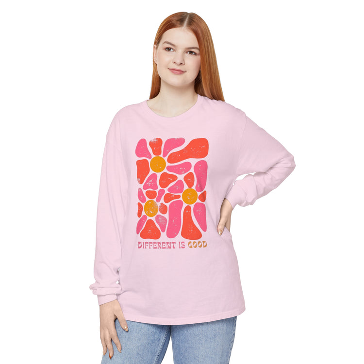 different is good retro flower comfort colors long sleeve tee