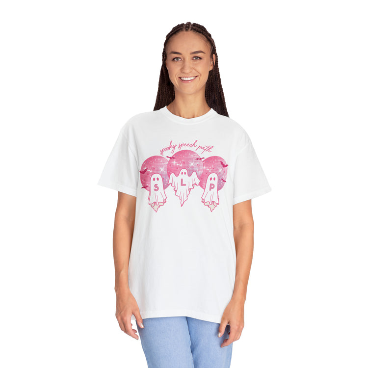 spooky speech pink disco ghosts comfort colors tee