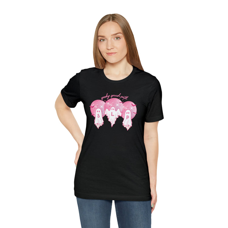 spooky speech pink disco ghosts short sleeve tee