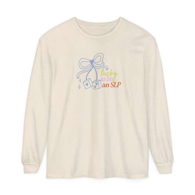 lucky to be an slp comfort colors long sleeve tee