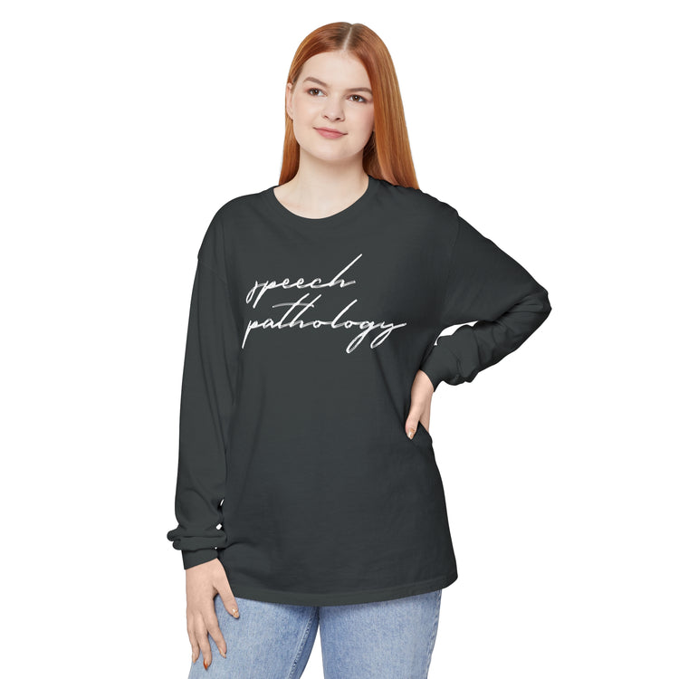 speech pathology cursive comfort colors long sleeve tee