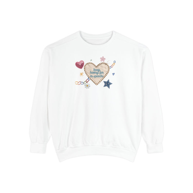 busy having fun patches comfort colors crewneck