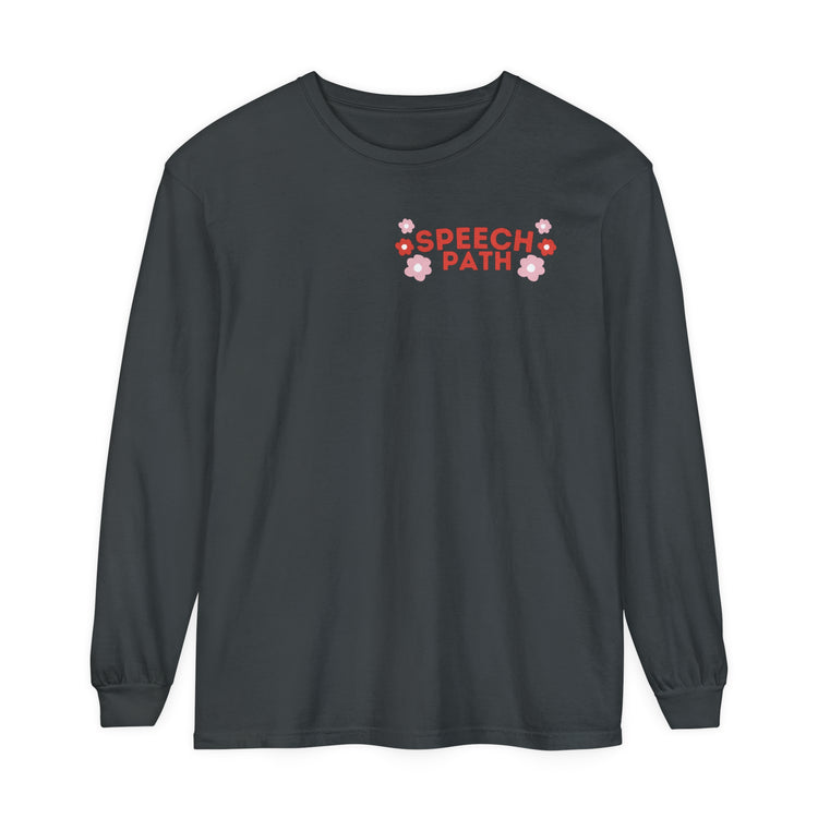 speech path red flowers comfort colors long sleeve tee