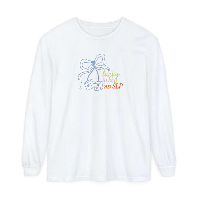 lucky to be an slp comfort colors long sleeve tee