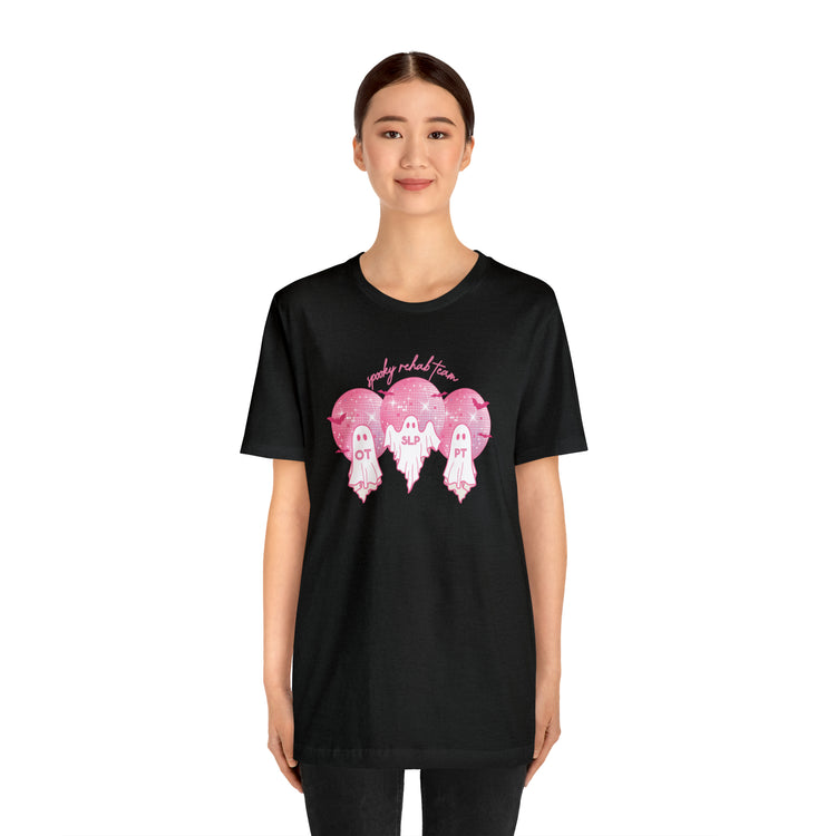 spooky rehab team pink disco ghosts short sleeve tee