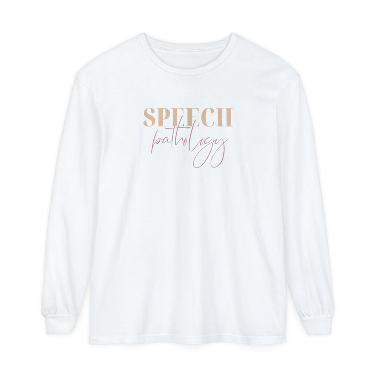 speech pathology cursive purple comfort colors long sleeve tee