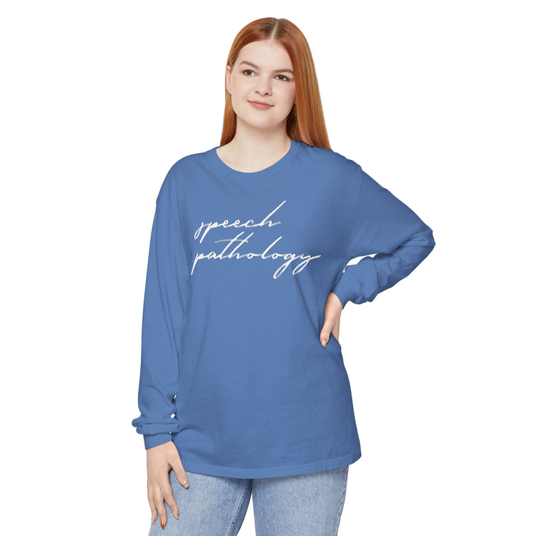 speech pathology cursive comfort colors long sleeve tee