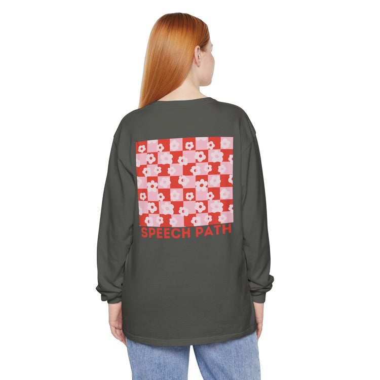 speech path red flowers comfort colors long sleeve tee