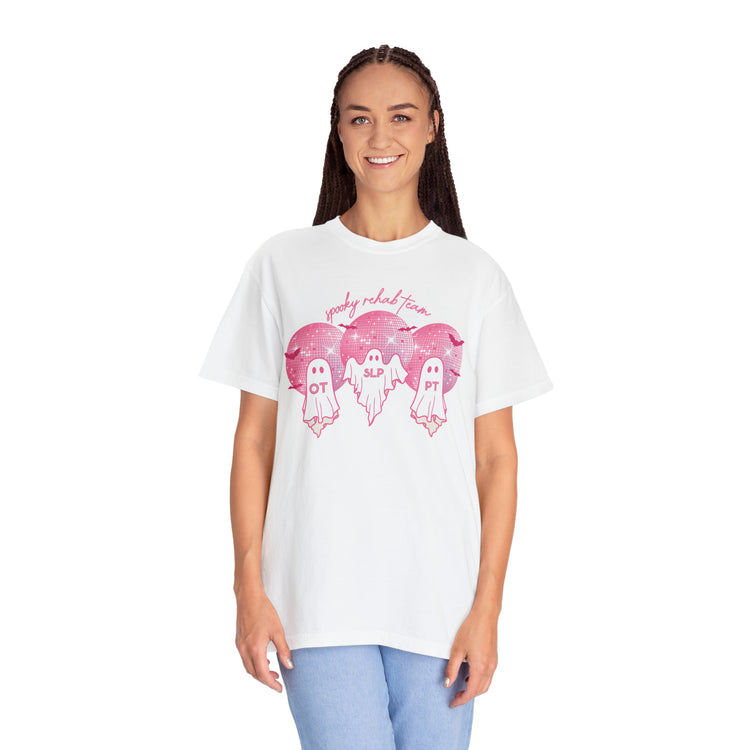 spooky rehab team pink disco ghosts comfort colors tee