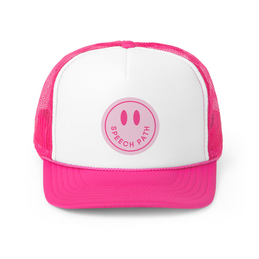 hot pink smiley speech path trucker hat