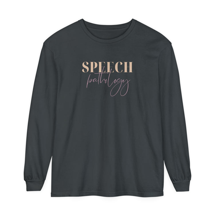 speech pathology cursive purple comfort colors long sleeve tee