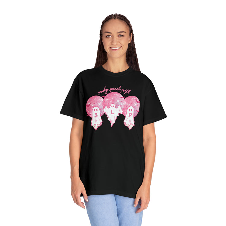 spooky speech pink disco ghosts comfort colors tee